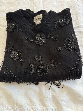 Black Beaded Floral Crewneck Sweater with Fringe